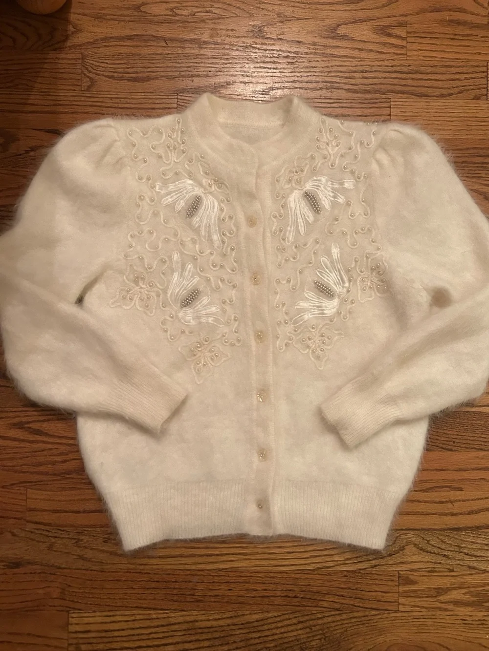 Women’s Soft Cream Beaded Angora Blend Retro Inspired Grandmacore Cardigan